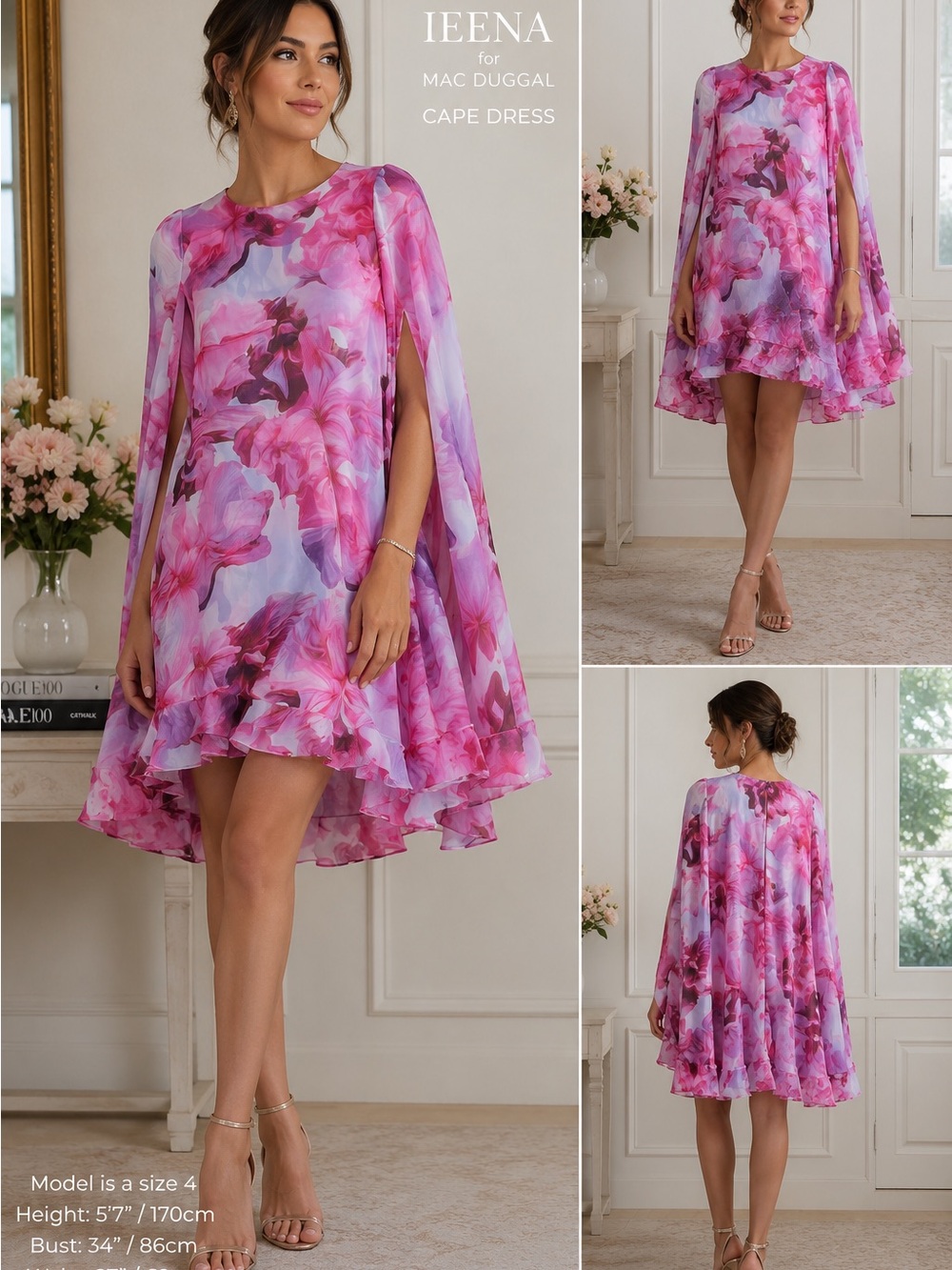 NWT Ieena for Mac Duggal Pink Floral Flowy Ruffled Hem Delicate Mini Cape Dress
